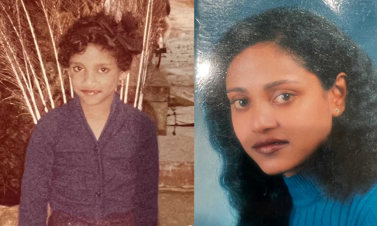 Side-by-side photos: on the left, a young girl with short curly hair and a dark sweater; on the right, a woman with Perfect Locks and long wavy hair in a blue turtleneck, showcasing dramatic hair journeys.