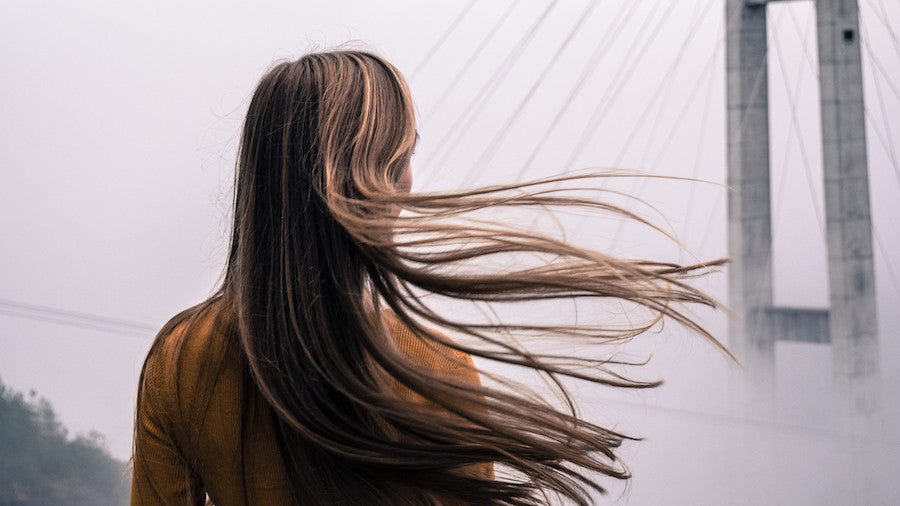 A person with long brown hair stands with their back to the camera, hair extensions blowing in the wind.