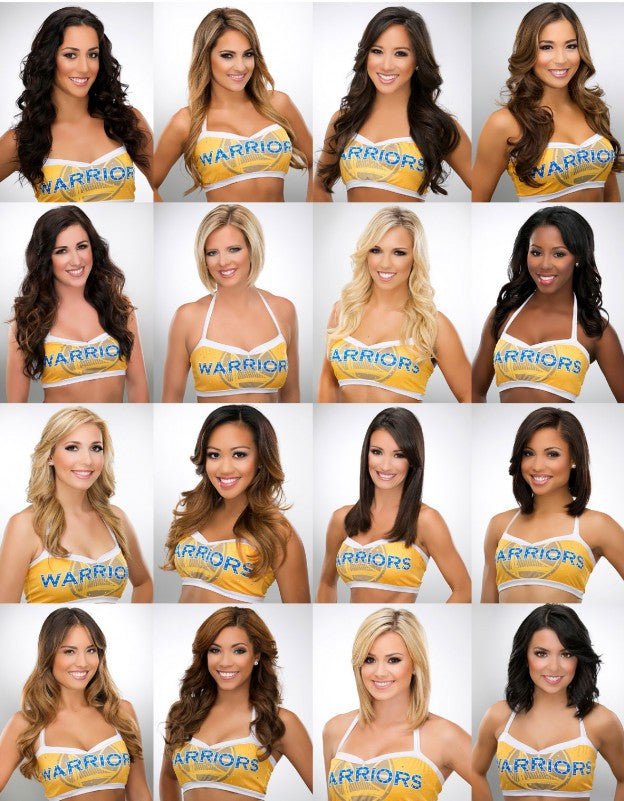 Sixteen women of the Warriors Dance Team in yellow and blue uniforms pose for individual portrait photos, arranged in a 4x4 grid.