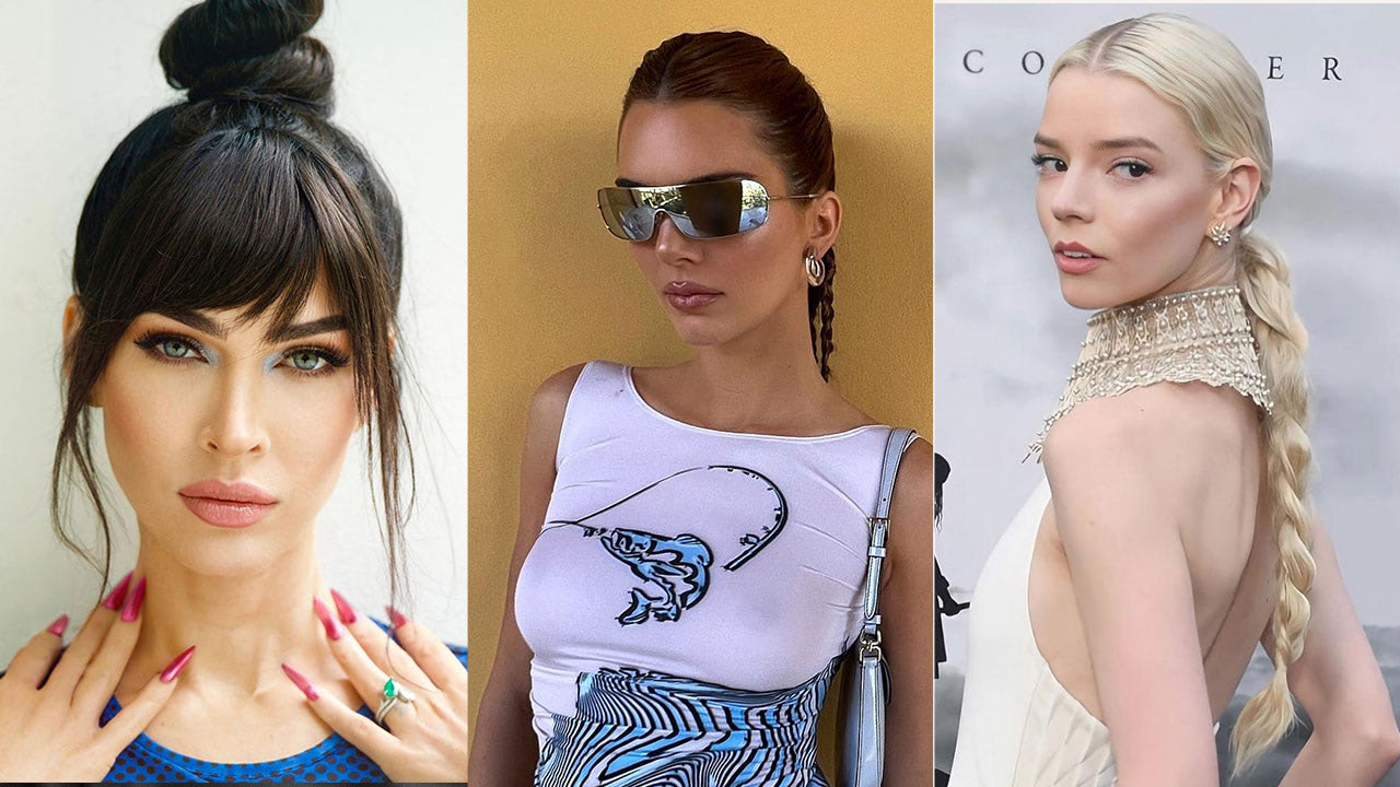Three women each flaunt Spring Hairstyles: the first with a sleek topknot and bangs, the second with slicked hair and braids paired with sunglasses, and the third showing off a long braided ponytail, Bangin' Hairstyles to try this season.