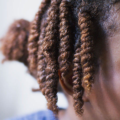 Close-up of a person's head showing tightly coiled, brown natural hair styled in small two strand twists.