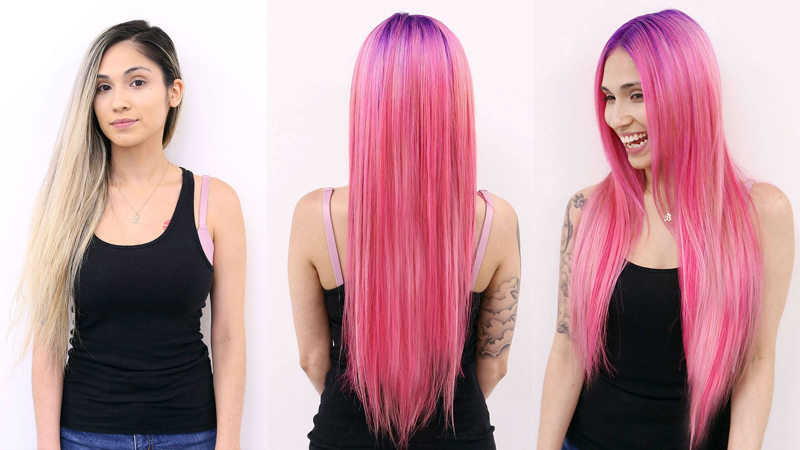 A woman with straight, long hair shown from the front, back, and side.