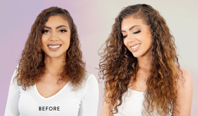Side-by-side comparison of a woman with curly hair.