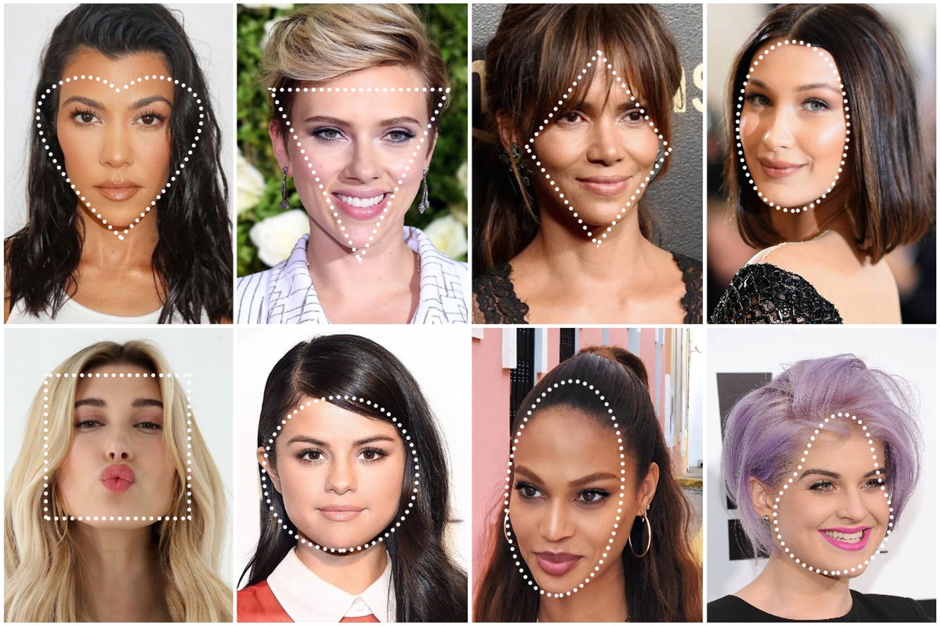 A collage of eight women, each with a different face shape outlined by white dotted lines, showcases how finding the perfect hairstyle can complement heart, oval, diamond, square, round, and oblong face shapes.