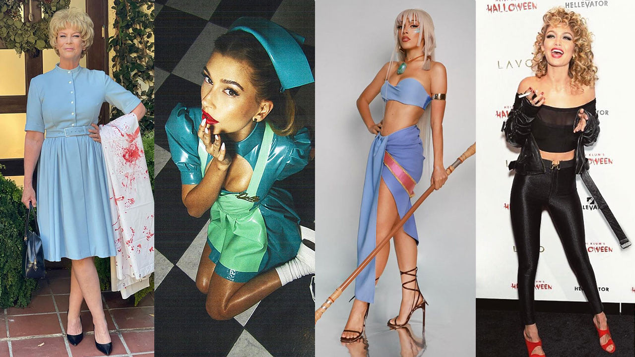 Four women in creative Halloween costumes with elaborate hairstyles: a 1950s blue dress with a bloody towel, a teal nurse outfit, a fantasy warrior with a staff, and a black leather jumpsuit with curly blonde hair.