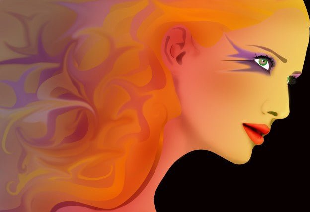 Digital illustration of a woman's face in profile with vibrant orange and purple flowing hair, green eyes, bold eye makeup, and red lips against a black background.