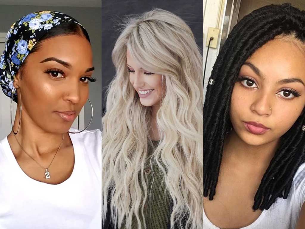 Three women with different hairstyles: the first wears a floral head scarf with hoop earrings, the second has long wavy blonde hair, and the third showcases shoulder-length black locs, a stylish example of protective hairstyles, with a nose ring.