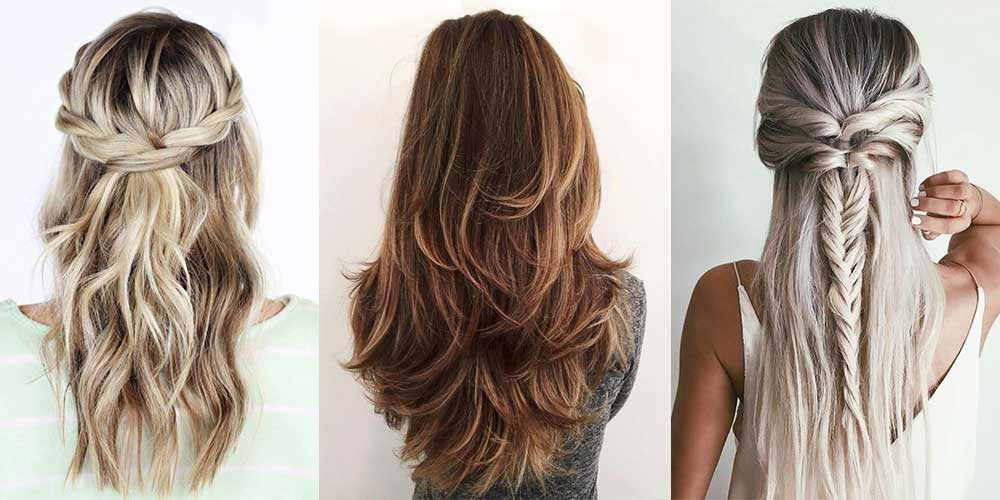 Three modern moms showcase stylish looks: left with a twisted half-up braid, center with soft curls in layered brown hair, and right with long platinum hair styled in a half-up fishtail braid.