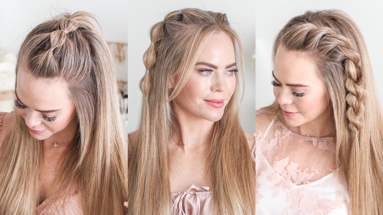 A woman with long, healthy hair styled in three different braided half-up, damage-free hairstyles, wearing light pink tops and looking in various directions against a neutral background.