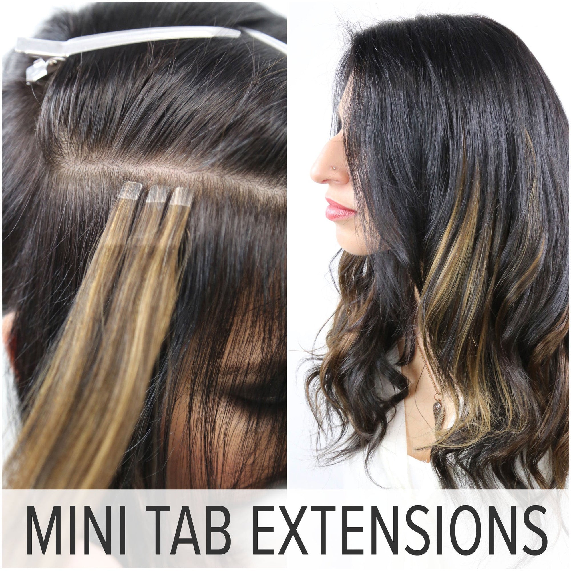 Two-panel image: left shows close-up of hair with Easy Tabs Mini Tab extensions being applied; right shows woman with long, wavy hair featuring highlighted extensions. Text reads MINI TAB EXTENSIONS, invest in effortless, gorgeous length.