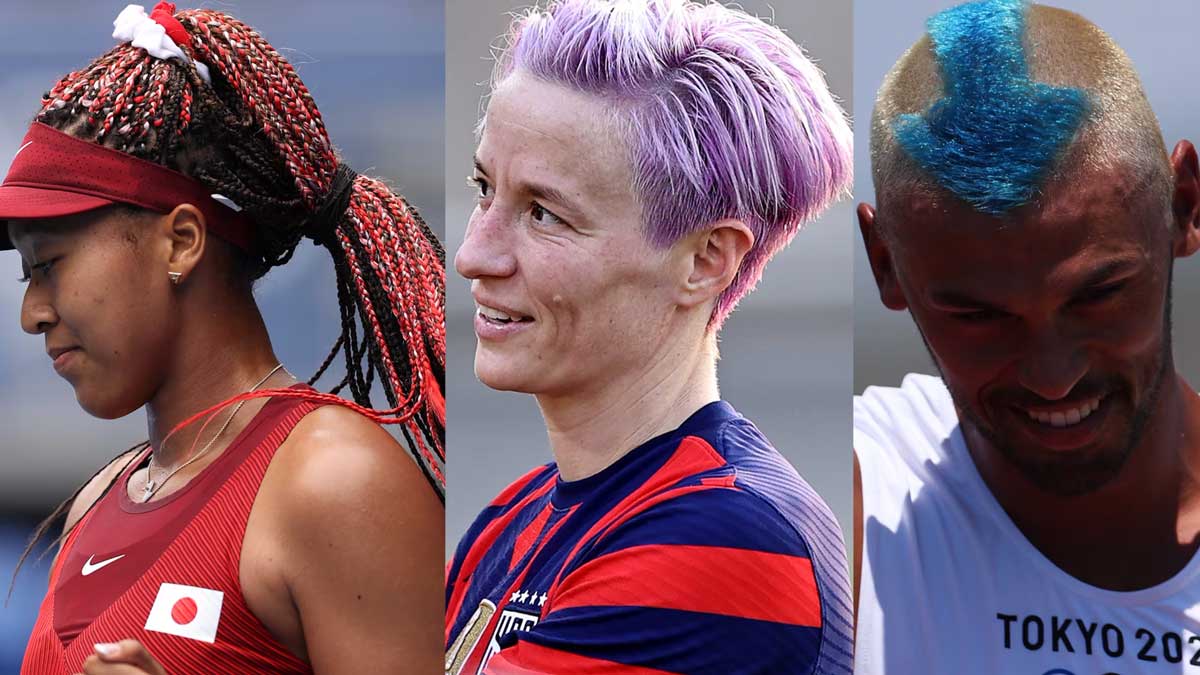 Three athletes stand side by side, embodying Olympic inspiration: a woman with red braids in red, a person with short purple hair in stripes, and a man with a bright blue mohawk in white.