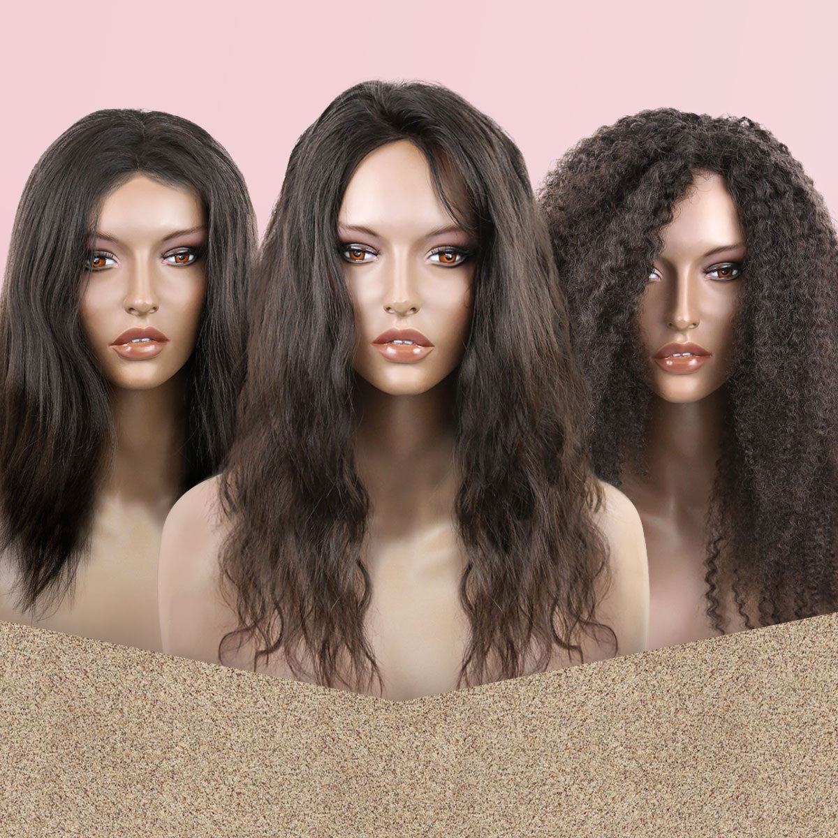 Three mannequin heads showcase long, dark hair styled in straight, wavy, and curly full lace wigs against a pale pink background.