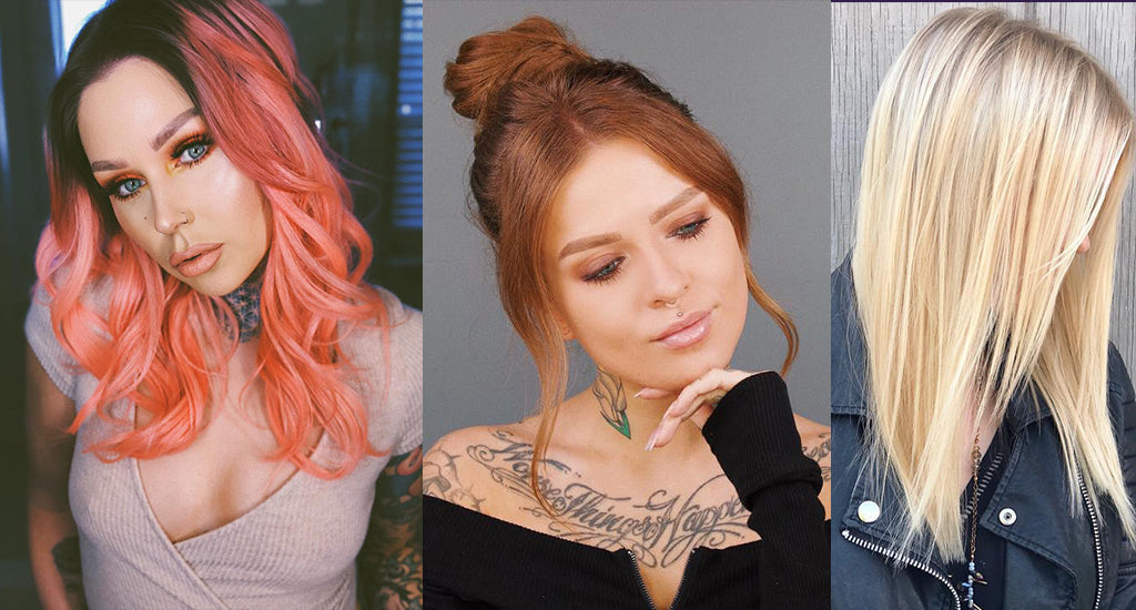 Three women with different hairstyles: one with long wavy pink and black summer hair extensions, one with red hair in a bun and tattoos on her shoulders, and one with straight blonde hair covering her face, wearing a black jacket.