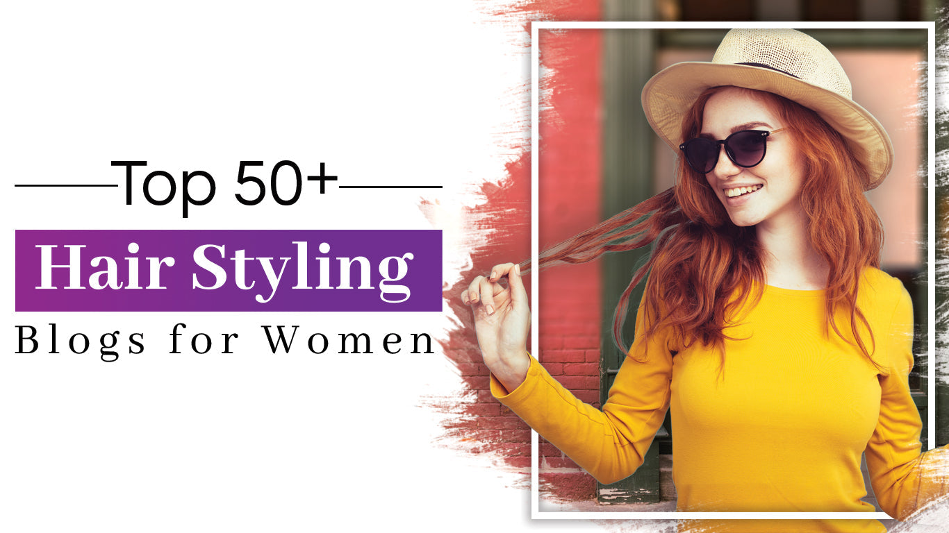 A smiling woman with long red hair, wearing a hat, sunglasses, and a yellow top, stands in front of a red wall. Text reads, “Top 50 hairstyling blogs for women.”.