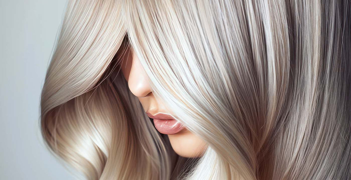 Perfect Locks balayage hair extensions in platinum blonde with soft waves and luminous highlights