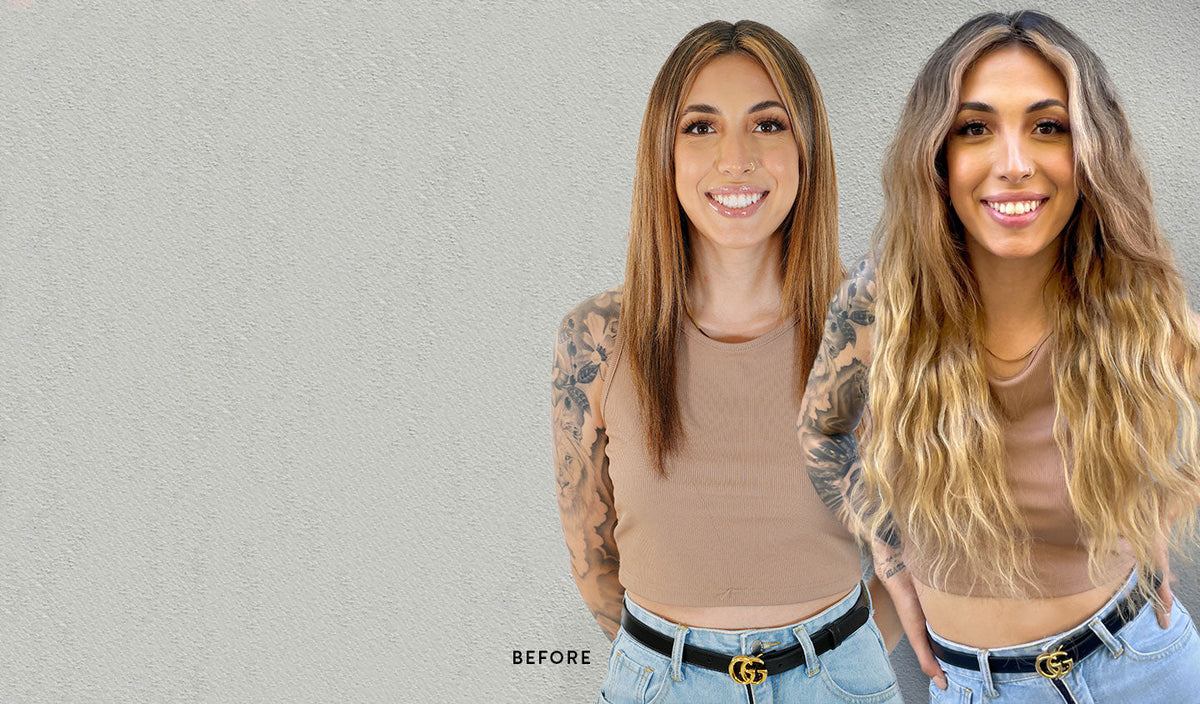 Two women with long, light brown Perfect Locks ombre tape-in hair extensions in straight and wavy