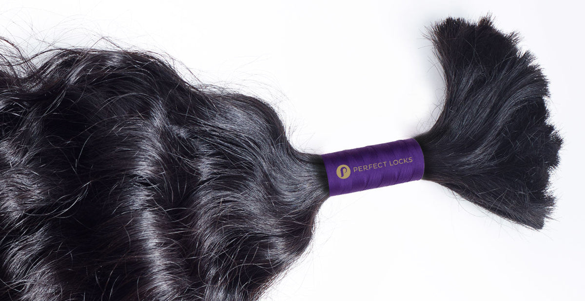 Perfect Locks curly bulk braiding hair in wavy dark extensions secured with a purple branded band