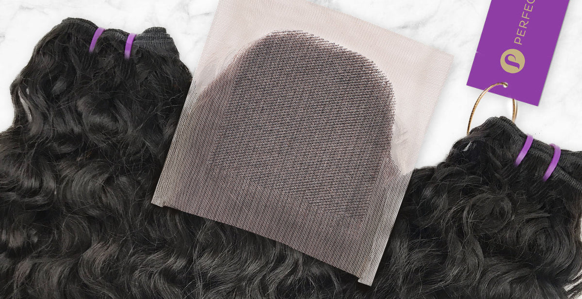 Three Perfect Locks human hair weave bundles with lace closure displayed on a white surface