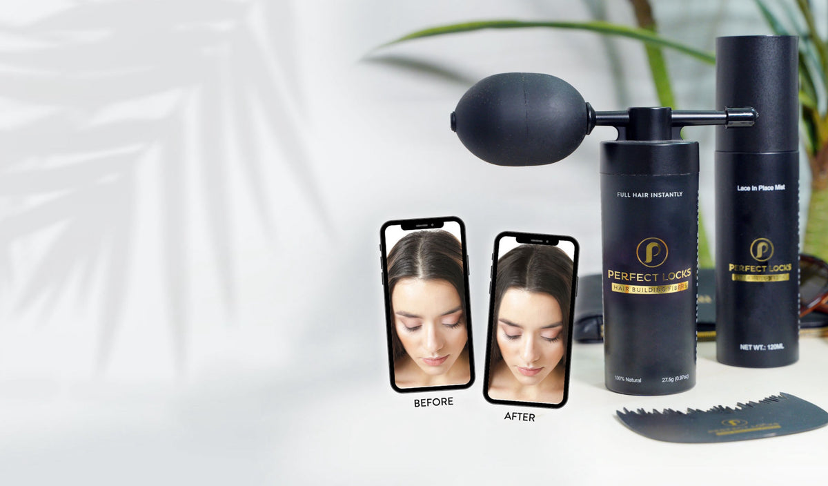 Perfect Locks hair building fiber products kit with applicator, bottles, and before-and-after results