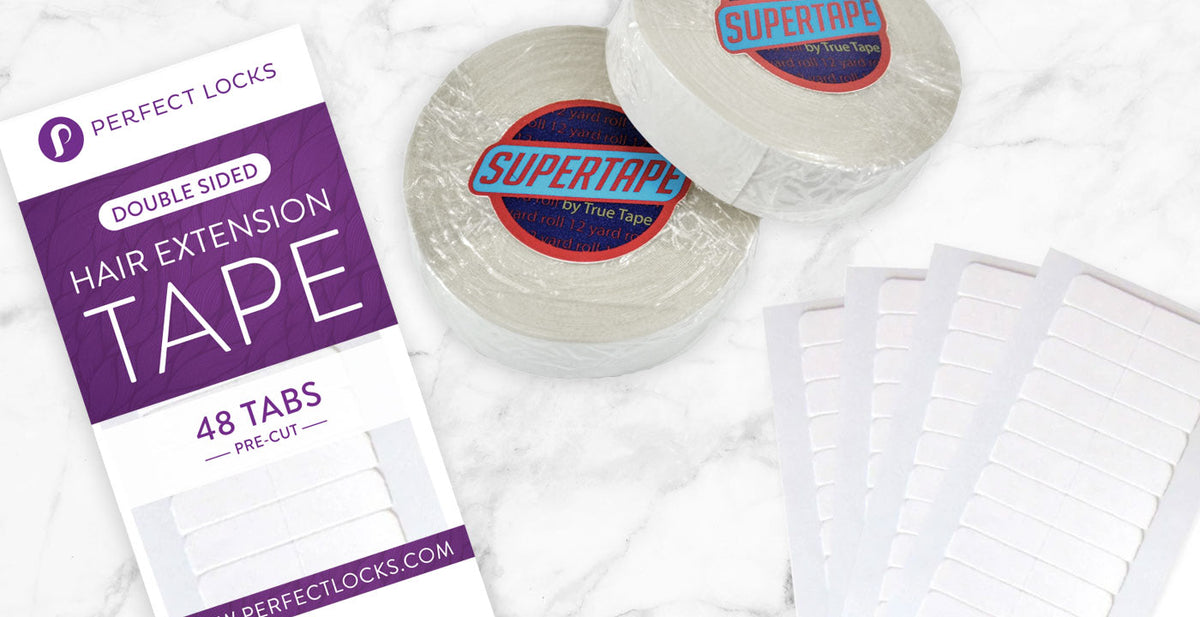 Perfect Locks hair tape for extensions with pre-cut tabs and adhesive rolls on a marble surface