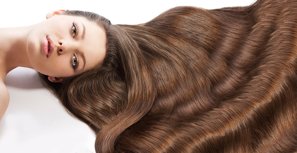 Woman with smooth, shiny Perfect Locks long hair extensions in brown spread out beautifully
