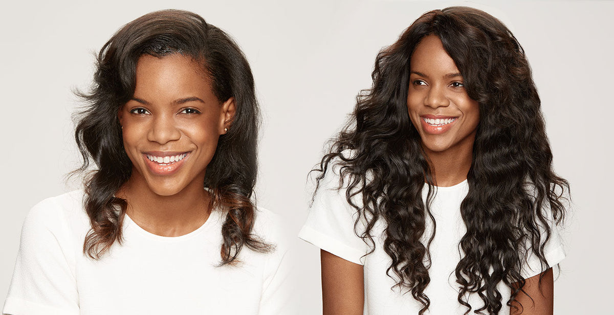 Before and after transformation from shoulder-length to long, voluminous Perfect Locks wavy clip-ins