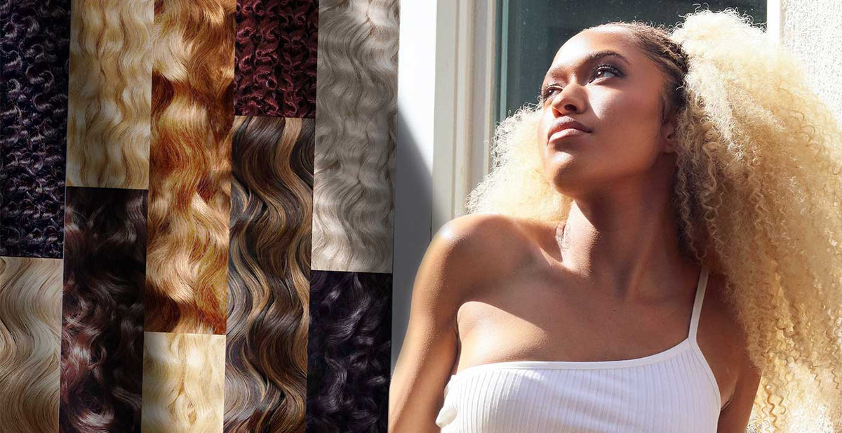 Perfect Locks curly clip-in sets in various colors alongside a woman with voluminous blonde curls