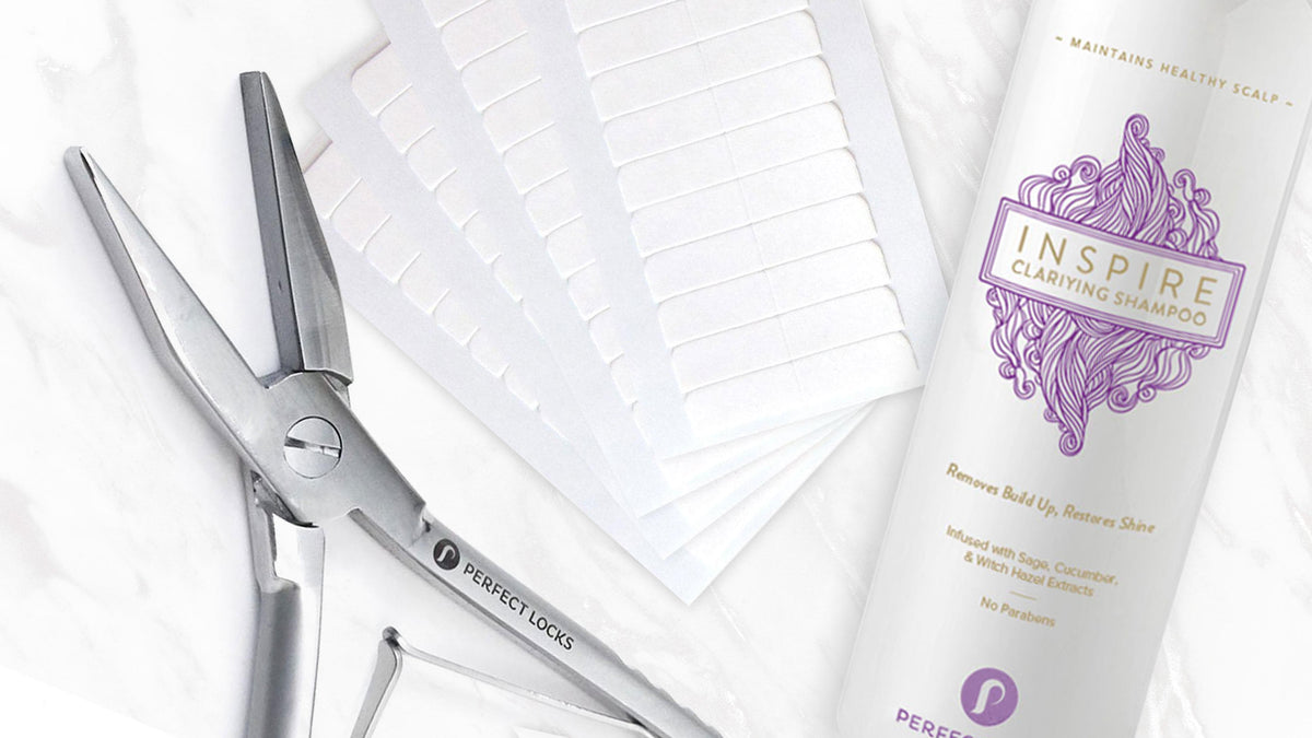 Perfect Locks tape-in hair extension tools neatly arranged on a white marble surface