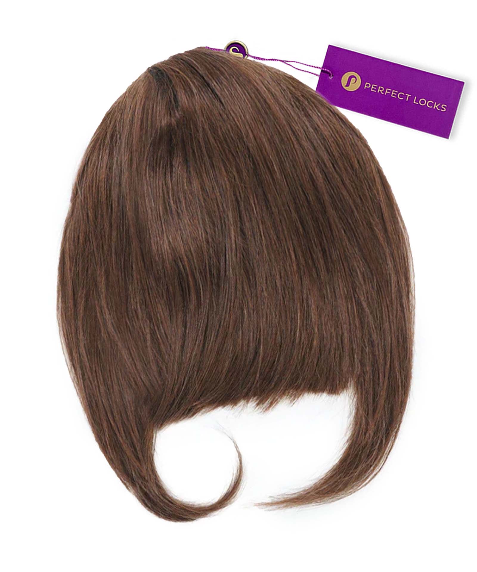 The Perfect Locks Clip-In Bangs in Chocolate Brown have a curved, side-swept style and a purple Perfect Locks tag on top.#color_chocolate-brown-(3)