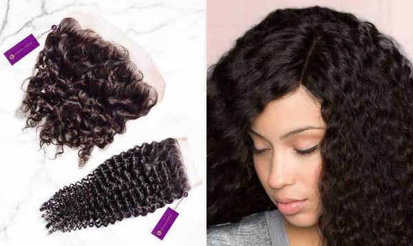 Two on the left display curly black lace front wigs on a white surface, while the right features a woman in a long, curly black wig.