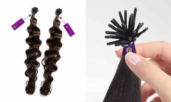Two bundles of wavy dark brown hair extensions with purple tags on the left; close-up of a hand holding keratin tip straight hair extension with black, stick-like tips on the right.