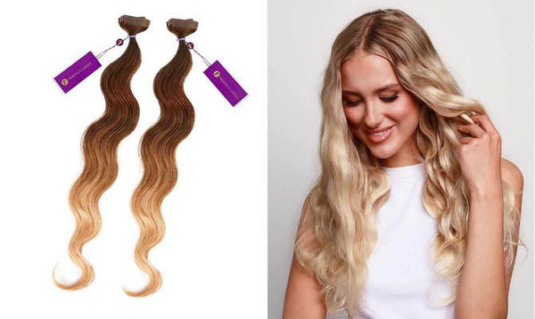 Two wavy, ombre hair extensions with purple tags on the left; on the right, a smiling woman with long blonde waves looks down.