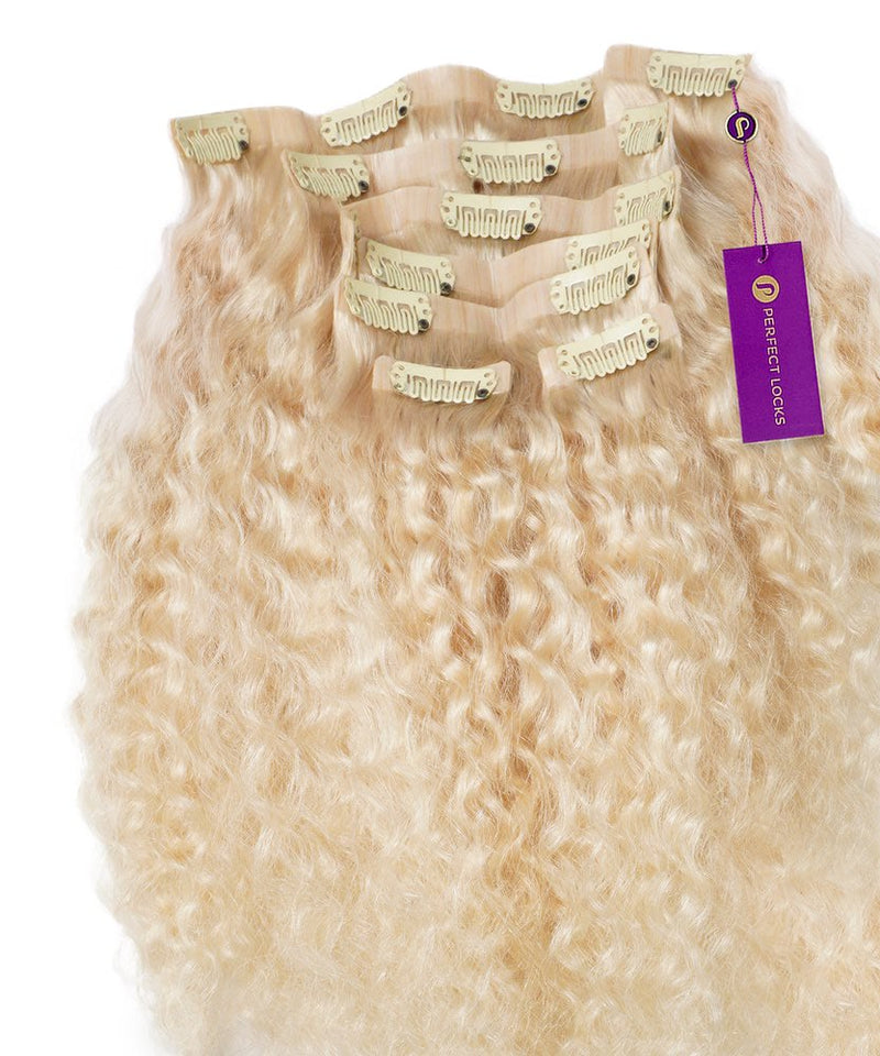 Ash blonde Curly Seamless Clip-In Hair Extensions by Perfect Locks with layered human hair, clip-in combs, and a purple tag.#color_ash-blonde-(60)