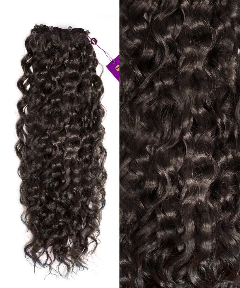 On the left, Perfect Locks Curly Beaded Weft Rows in natural black are displayed; a close-up on the right highlights defined curls and wavy texture.#color_natural-black-(1B)