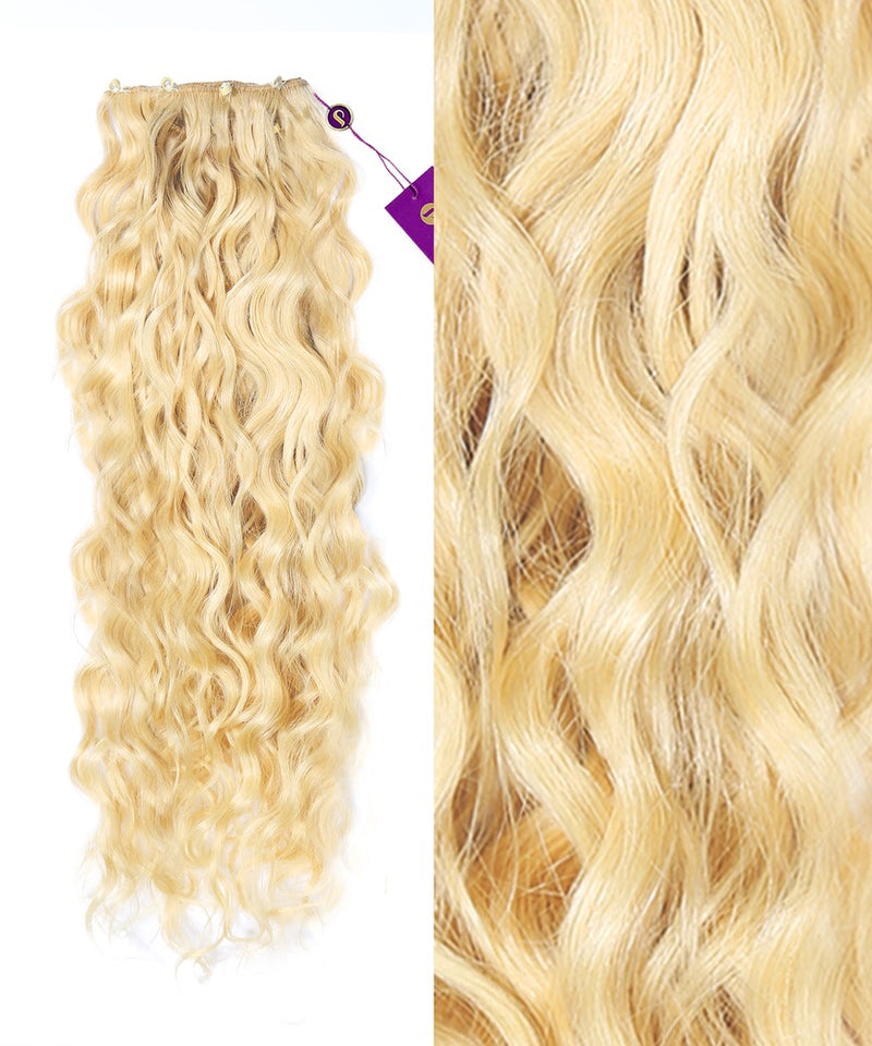 Curly Beaded Weft Extensions in Platinum Blonde (613) by Perfect Locks #color_platinum-blonde-(613)