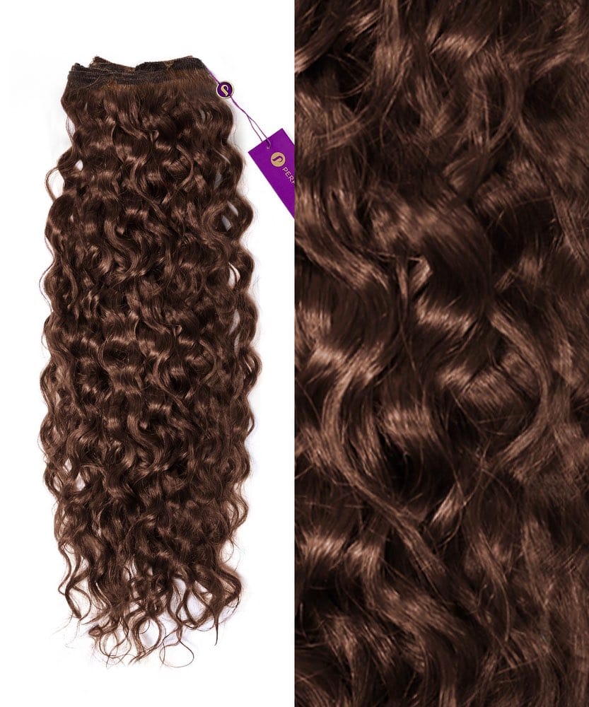 On the left, a bundle of Perfect Locks Curly Colored Hair Machine Weft in chocolate brown; right: close-up of shiny, defined wavy curls.#color_chocolate-brown-(3)