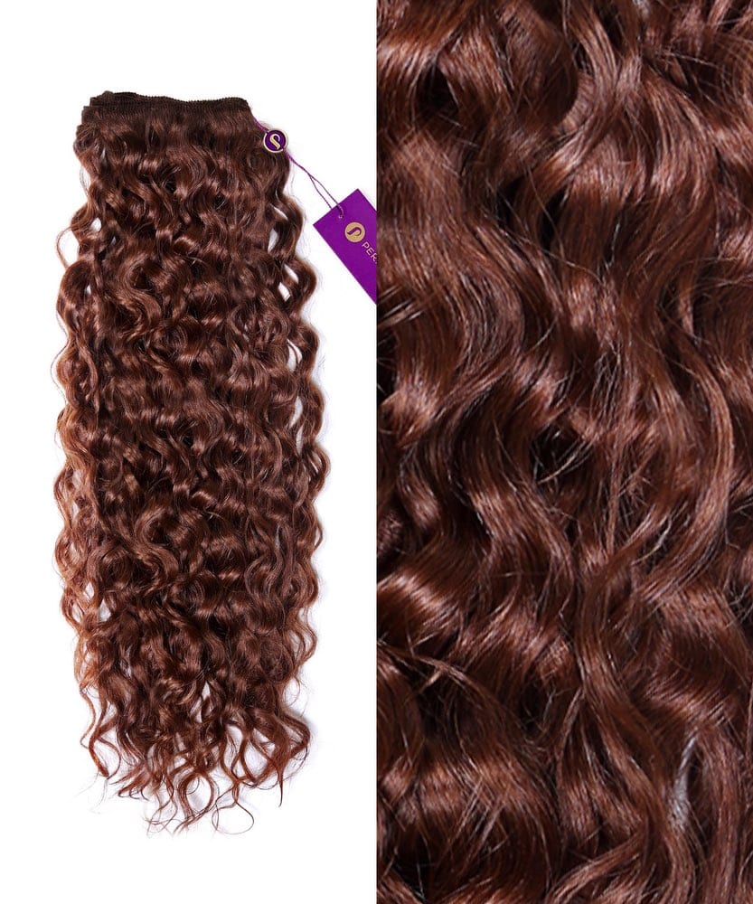 On the left is Perfect Locks' Curly Colored Hair Machine Weft in dark auburn; the right close-up shows its shiny, defined curls and vibrant color.#color_dark-auburn-(33)