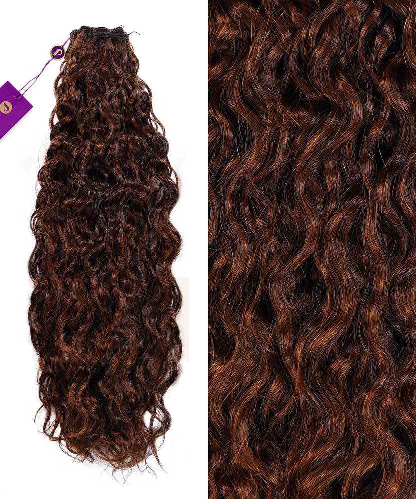 On the left, Perfect Locks Curly Hand-Tied Weft Rows (2oz) in Chocolate Brown ; right, soft curls and rich brown shade.#color_chocolate-brown-(3)