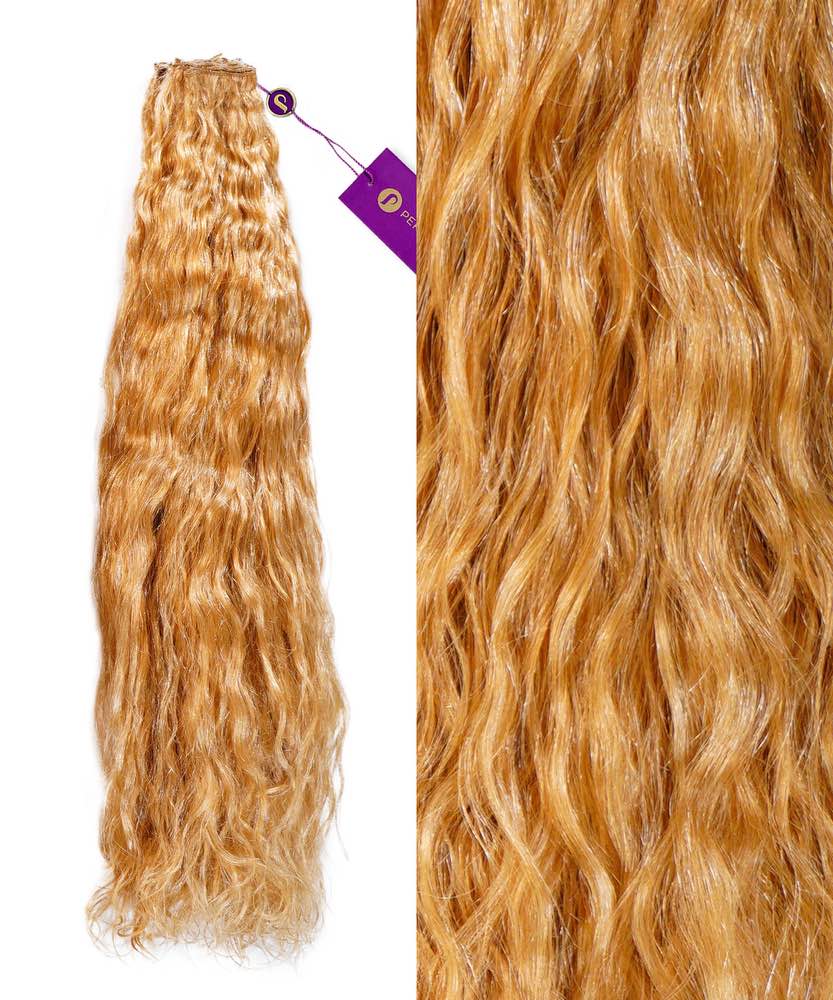 On the left, Perfect Locks Curly Hand-Tied Weft Rows (2oz) in Platinum Blonde , with a close-up on the right of soft curls and shine.#color_honey-blonde-(27)
