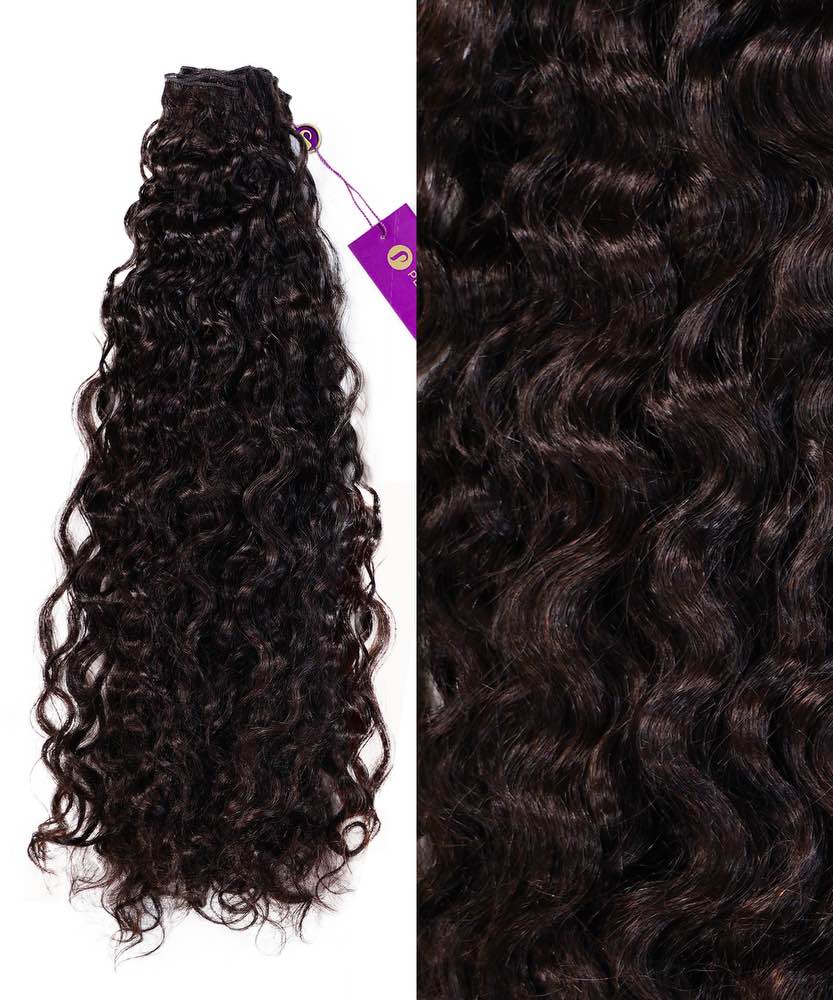 On the left are Perfect Locks Curly Hand-Tied Weft Rows (2oz) in Rooted Chocolate Mocha, with a close-up of their dark, wavy texture on the right.#color_natural-black-(1B)