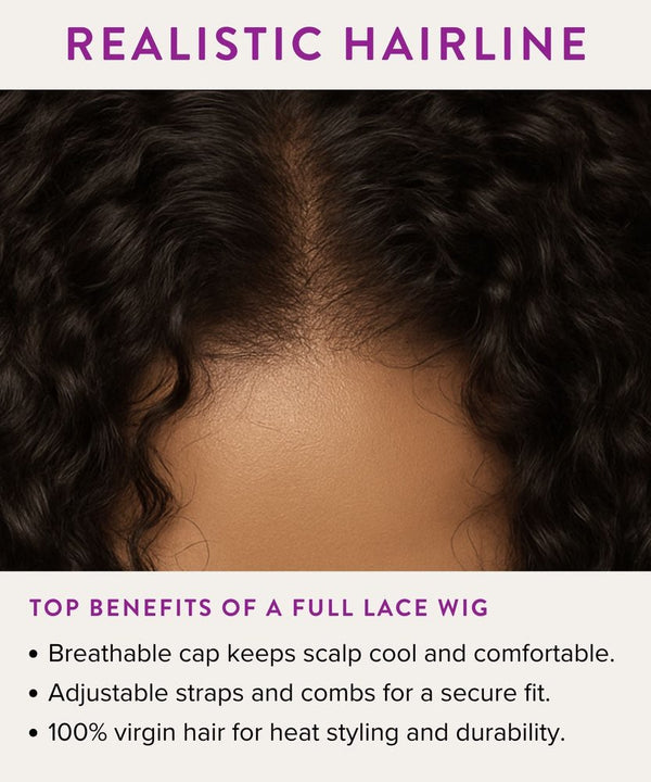 Close-up of a wig with a realistic hairline and text highlighting benefits of a full lace wig.