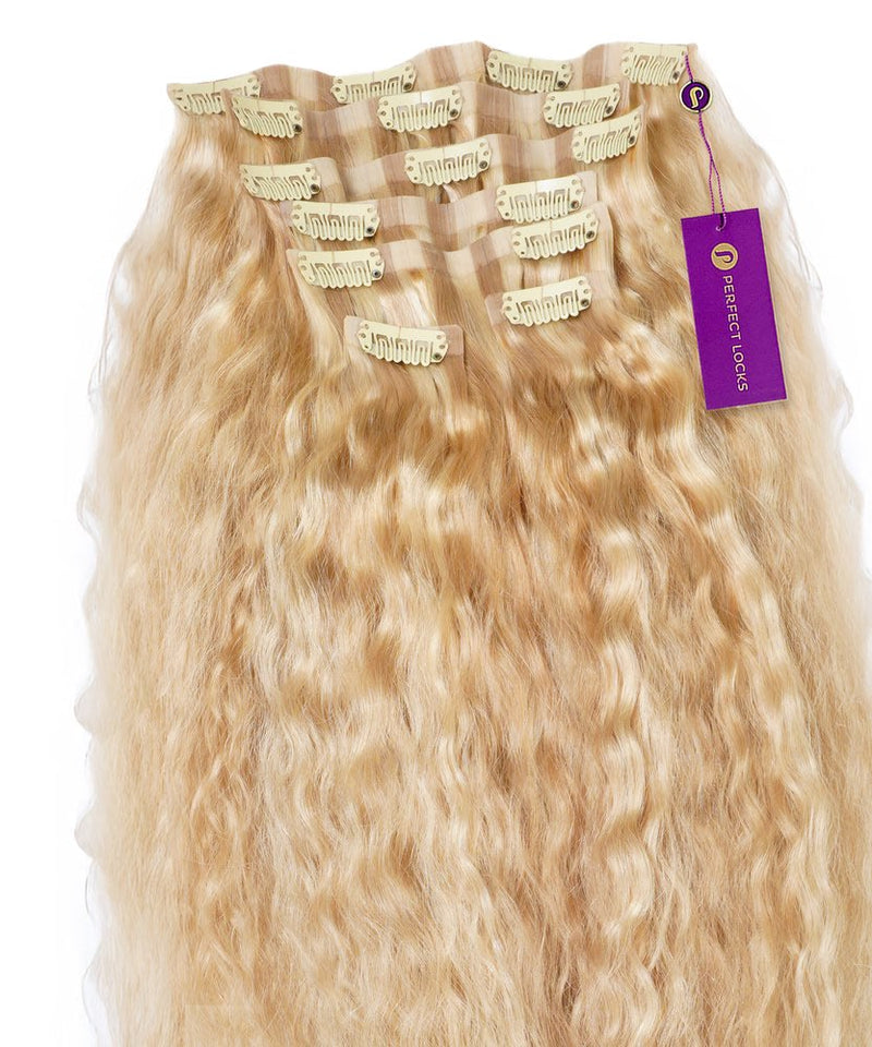 Curly Seamless Clip-In Hair Extensions by Perfect Locks in golden blonde highlights with several clip-attached wefts and a purple tag.#color_golden-blonde-highlights-(16/22)