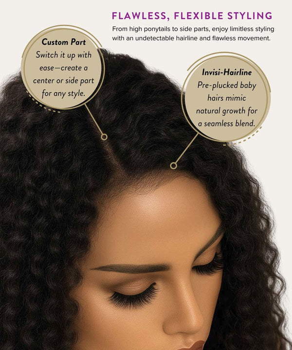 Woman with styled hair featuring customizable parting options and invisible hairline.