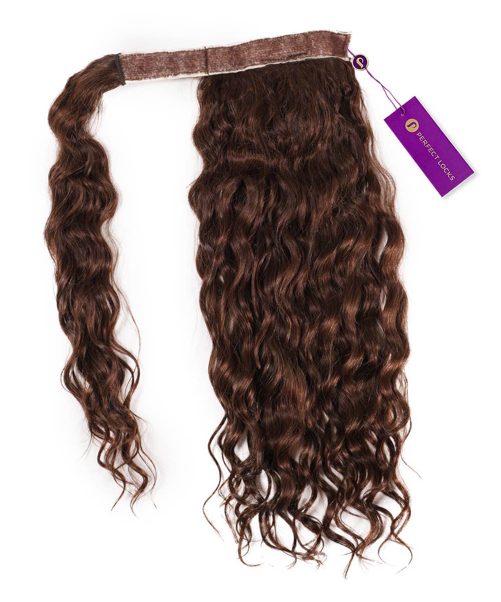 A Chocolate Brown Curly Clip-In Ponytail Extension by Perfect Locks laid flat on white, showing waves and sew-in band.#color_chocolate-brown-(3)