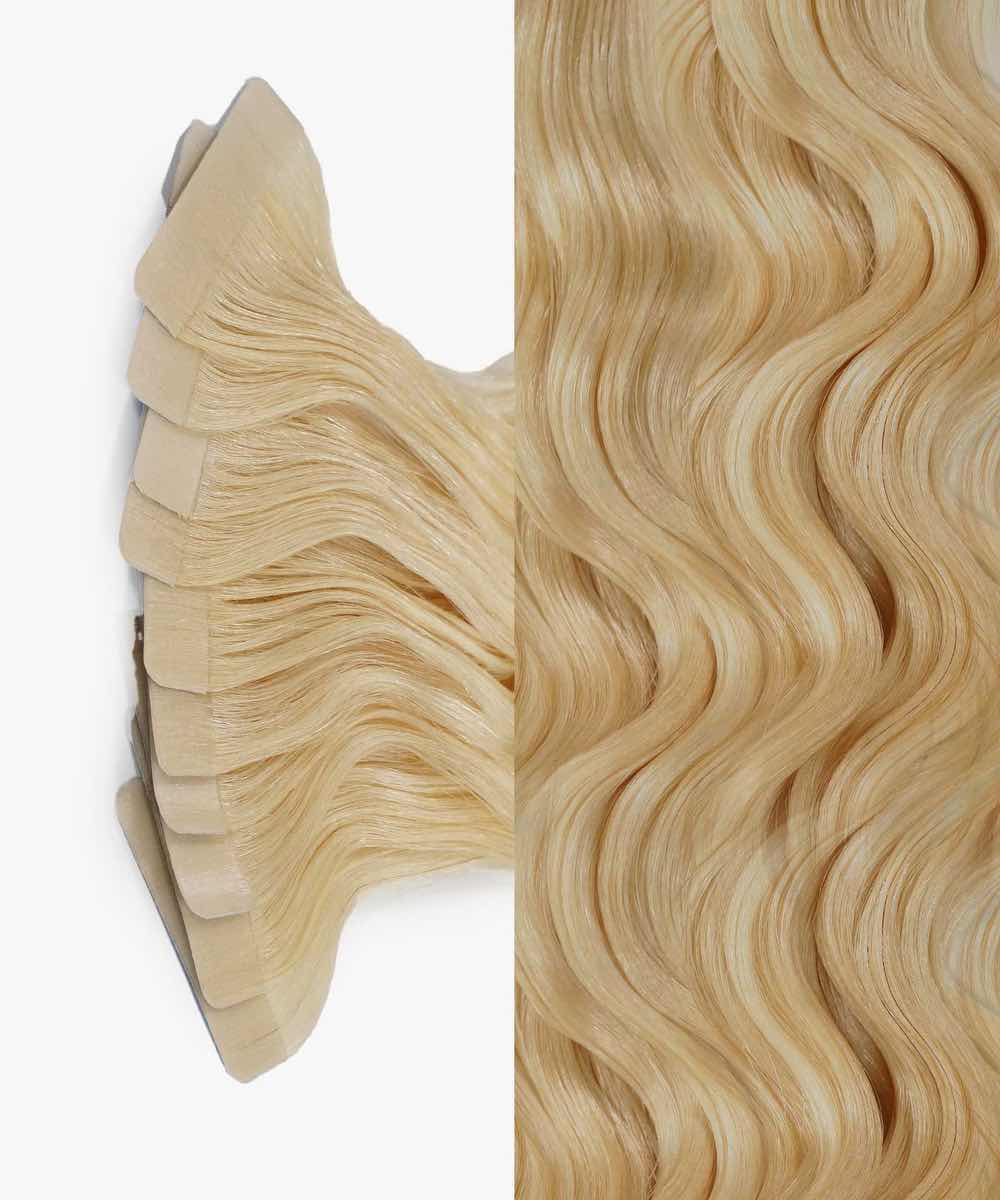 Perfect Locks Curly Classic Tape-In Hair Extensions in Rooted Cocoa Ash Blonde (18/60), adhesive tape tabs left, loose waves right.#color_ash-blonde-(60)