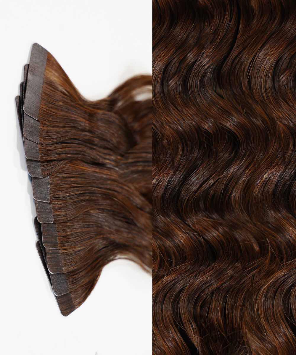 Close-up of Perfect Locks Curly Classic Tape-In Hair Extensions in Chocolate Brown , with stacked ends left and shiny curls right.#color_chocolate-brown-(3)