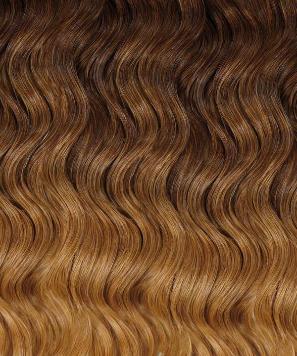 chocolate toffee ombre (4/6/27) curly tape in hair extensions by Perfect Locks