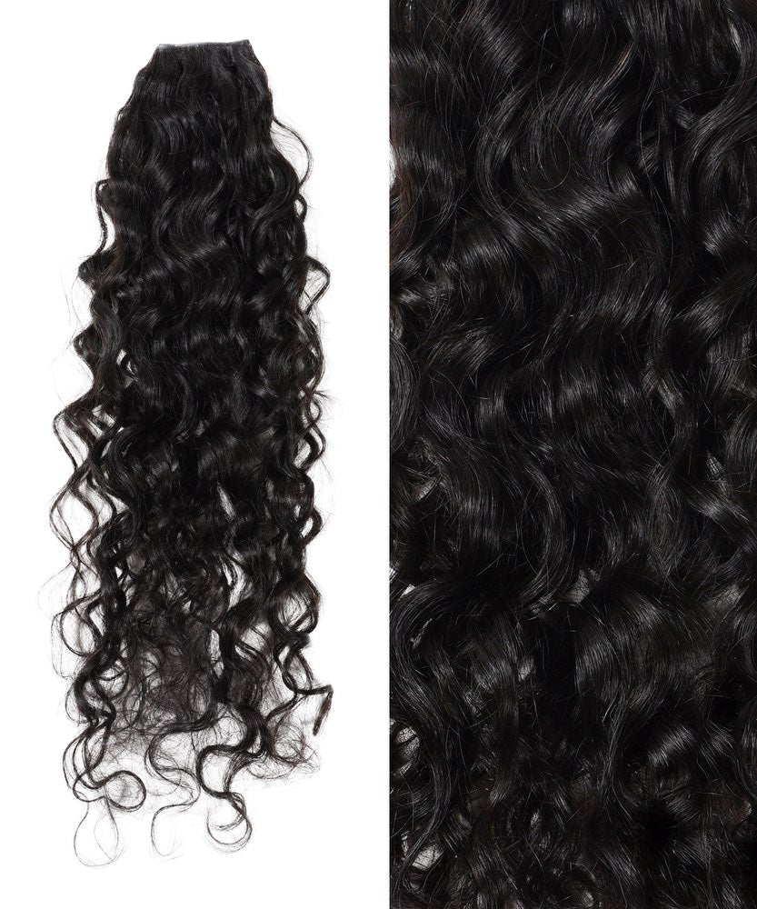 On the left are Perfect Locks Curly Seamless Tape-In Wefts in Honey Blonde , with a close-up on the right of shiny, defined curls.#color_natural-black-(1B)