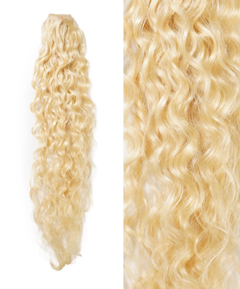 Perfect Locks Curly Seamless Tape-In Weft hair extensions in Platinum Blonde are on the left, with a close-up of their wavy, shiny texture on the right.#color_platinum-blonde-(613)