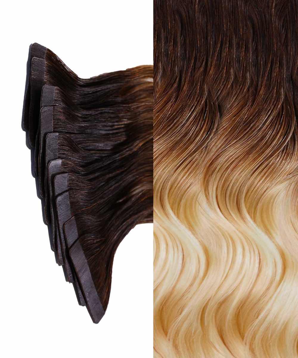 Curly Classic Tape-In Hair Extensions by Perfect Locks in rooted white chocolate, shown from the side with adhesive ends left, wavy Remy hair right.#color_rooted-white-chocolate-(2/60)